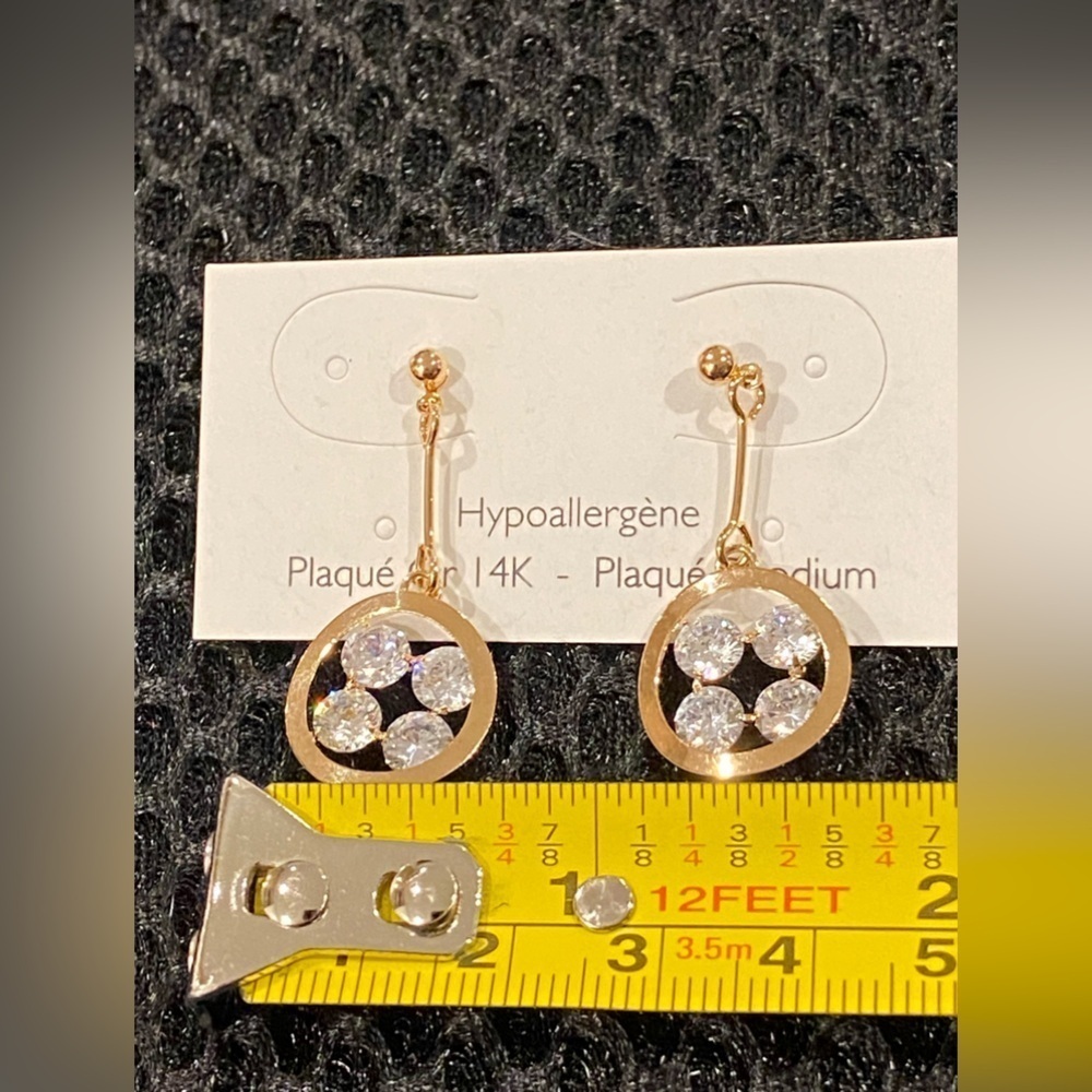 Gold Drop Earrings with Clear Crystals - Hypoallergenic - New With Tags - Picture 10 of 13